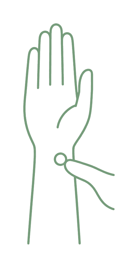 Line drawing of a thumb pressing an inner wrist point